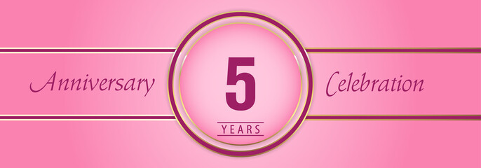 5 years anniversary celebration with gold and pink circle frames on pink background. Premium design for brochure, poster, banner, wedding, celebration event, greetings card, happy birthday party.