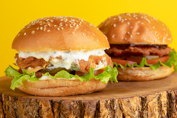 Burger with chicken, on a yellow background, bright background