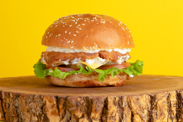 Burger with chicken, on a yellow background, bright background