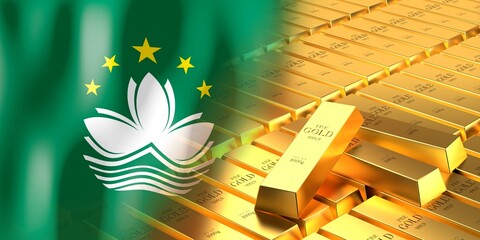 Macau flag and gold ingots - 3D illustration