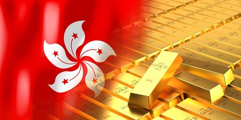 Hong Kong flag and gold ingots - 3D illustration