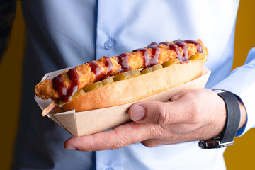 Hot dog with chicken, hot dog in the hand of a model, food and man
