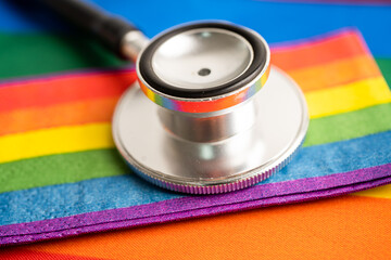 Black stethoscope with rainbow flag heart on white background, symbol of LGBT pride month  celebrate annual in June social, symbol of gay, lesbian, bisexual, transgender, human rights and peace.