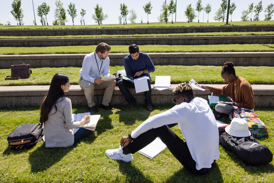 College professor and students in grassy amphitheater on sunny campus