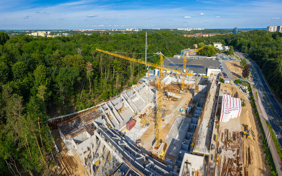 Yellow cranes on the stadium construction site in Gorzów Wielkopolski, Poland