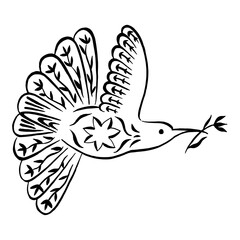 Bird with ornament and flower. Graceful black and white ink drawing. Bird with beautiful tail. Linear drawing. Silhouette of bird and flower. Vector floral illustration.