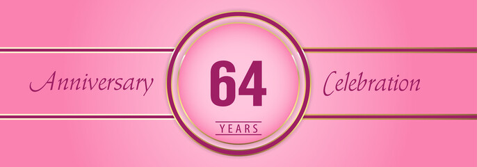 64 years anniversary celebration with gold and pink circle frames on pink background. Premium design for brochure, poster, banner, wedding, celebration event, greetings card, happy birthday party.