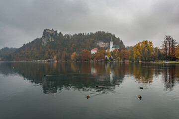 Obraz premium Foggy and mystic autumn at lake Bled in Slovenia