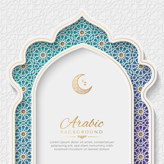 Arabic Islamic Elegant White and Golden Luxury Colorful Background with Decorative Islamic Arch