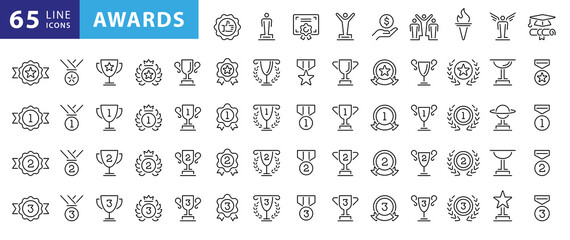 Awards line icons set. Trophy cup, Medal, Winner prize icon. Vector - obrazy, fototapety, plakaty