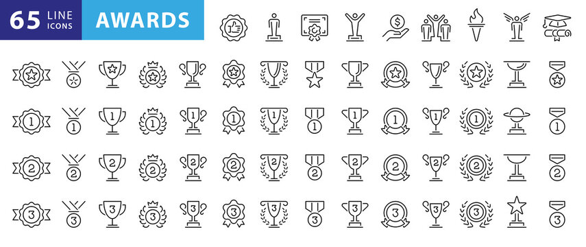 Awards line icons set. Trophy cup, Medal, Winner prize icon. Vector