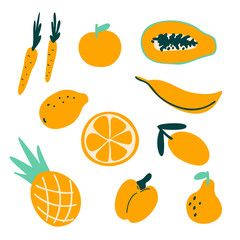 Abstract simple orange fruit and vegetables set, vegeterian food collection. Fresh doodle kids pineapple, apple, sliced papaya, banan, pear, carrot, lemon, peach, pepper pattern vector illustration