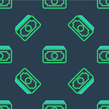 Line Stacks paper money cash icon isolated seamless pattern on blue background. Money banknotes stacks. Bill currency. Vector