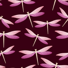 Dragonfly bright seamless pattern. Spring clothes textile print with flying adder insects. Close up