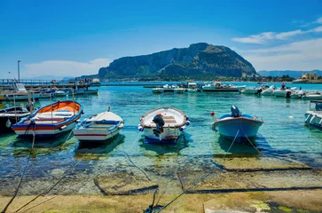 Rolgordijnen Palermo, Sicily - July 29, 2016: Small port with fishing boats in the center of Mondello © KURLIN_CAfE