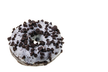 Close up view of donut sprinkled with chocolate chips isolated on white background. Food and drink concept. Sweden.