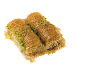 Clouse up view of two pieces of layered pastry dessert baklava isolated on white background. 