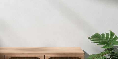 3D Render background minimal style with wood table monstera plant and white clean concrete wall in bright sunlight ray. Empty counter for product presentation. Natural mockup.Nature display. Stand. © Kueakoon