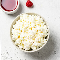 Healthy snack, cottage cheese with berries. Top view, flat lay, copy space.