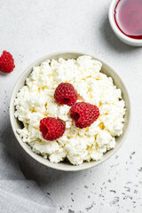 Mascarpone, cottage cheese with berries. Top view, flat lay, copy space.