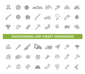 Logging, sawmill line icons. Instruments for working with wood. Forest Engineering