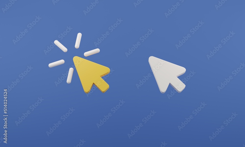 Fototapete Set White and yellow arrow pointer 3d rendering illustration icon, cursor. Mouse cursor for website browser. Yellow and white arrow, cursor on blue background. Concept design in modern style.