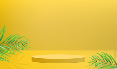 Fototapeta na wymiar Premium show 3d yellow podium with sunlight plant shadow for product display presentation.