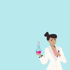 Science vector background of female scientist holding a flask and test tube