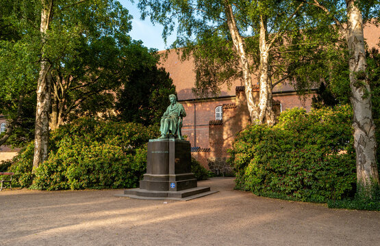Copenhagen, Denmark- June 26, 2019: Monument to Soren Kierkegaard in Royal Library Garden on Slotsholmen island.