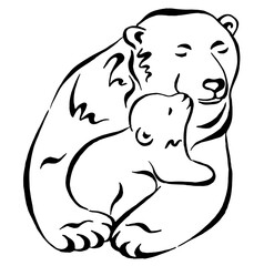 Polar bear hugging  with baby. Calligraphy. Arctic animals. Polar Bears silhouette isolated on a white background. Linear drawing. Vector illustration.