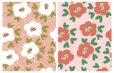 Simple Hand Drawn Irregular Floral Seamless Vector Patterns. Cute White and Red Flowers on a Blush and Light Pink Background. Infantile Style Abstract Garden Vector Print Ideal for Fabric.