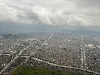 Aerial view of Interstate 710 and California Route 60 freeway interchange in East Los Angeles,...