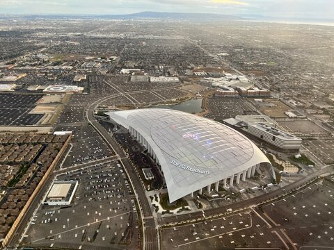 LOS ANGELES, CA, DEC 2021: aerial view looking down on So-Fi Stadium, 70,000 seat sports and entertainment complex in Inglewood