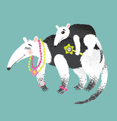 Anteater with baby. Vector illustration.