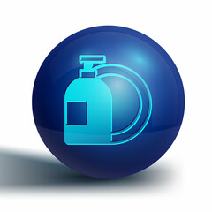 Blue Dishwashing liquid bottle and plate icon isolated on white background. Liquid detergent for washing dishes. Blue circle button. Vector