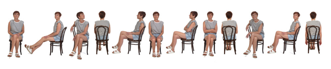 line of same woman sitting chair, various poses on white backgrounfg