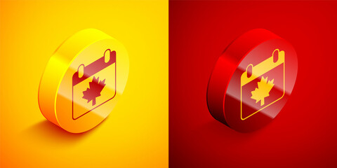 Isometric Canada day with maple leaf icon isolated on orange and red background. 1-th of July Independence Day on the calendar with the Canada flag. Circle button. Vector