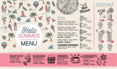 Summer menu, template design. Food flyer. Hand-drawn style. Vector illustration.	
