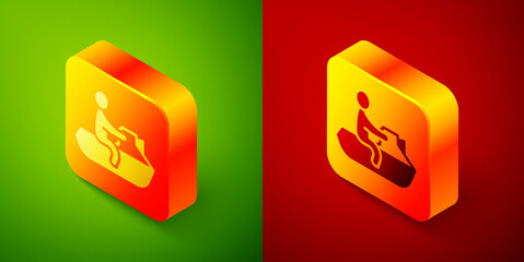Isometric Jet ski icon isolated on green and red background. Water scooter. Extreme sport. Square button. Vector