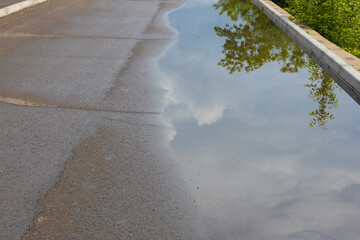 Puddle after rain on the asphalt road. Reflection of green bushes and the sky in the smooth surface...