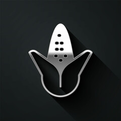 Silver Corn icon isolated on black background. Long shadow style. Vector