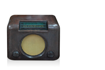 top view brown leather and yellow radio on white background, object, fashion, music, volume, technology, copy space