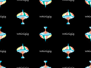 Whirligig cartoon character seamless pattern on black background. Pixel style