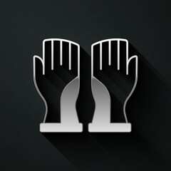 Silver Firefighter gloves icon isolated on black background. Protect gloves icon. Long shadow style. Vector
