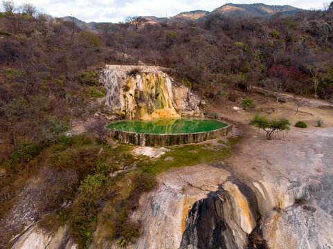 Aerial Drone Shot of Natural Petrified Waterfall Hierve el Agua in Mexico, Oaxaca