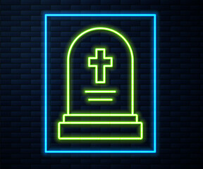 Glowing neon line Grave with tombstone icon isolated on brick wall background. Vector