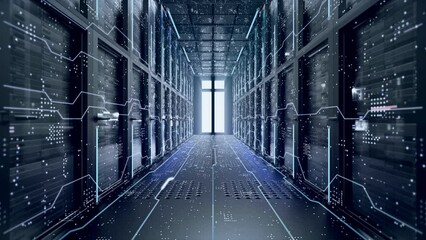 The 3d render Concept of: Digitalization of Information Flow Moving Through Rack Servers in Data Center. Room in lines and dots data connections - Powered by Adobe