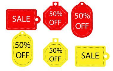 Set of banner elements, discount tag collection, special offer. Modern yellow and red sale website stickers on a gray abstract background, color web page design