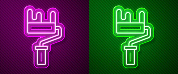 Glowing neon line Paint roller brush icon isolated on purple and green background. Vector