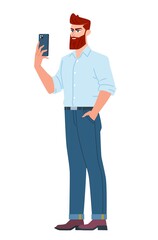 Man stands and holds a smartphone in his outstretched hand. Flat cartoon vector illustration on isolated white background